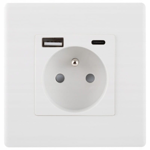 Stopcontact Wit Met Aardpen + Dubbele USB-Lader A+C 20W Set Met PVC-Afdekraam MIUUN