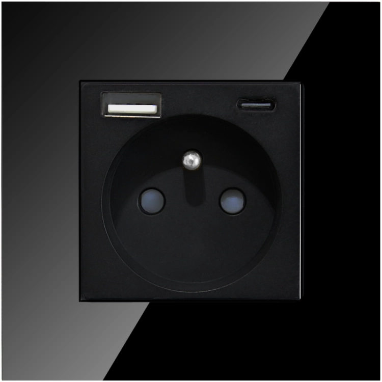 Stopcontact Met Aardpen Zwart + Dubbele USB A+C-Lader 20W Set Met Glazen Afdekraam MIUUN