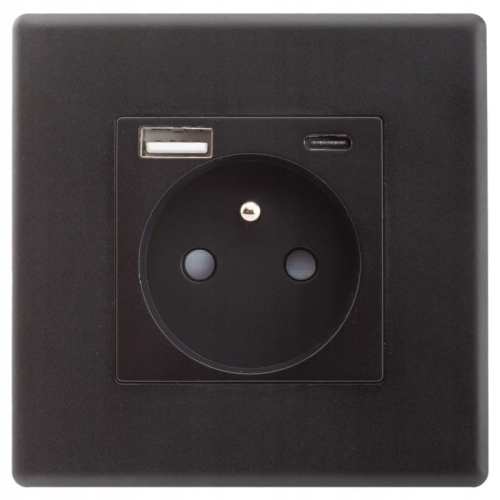 Stopcontact Zwart Met Aardpen + USB A+C 20W Set Met PVC-Afdekraam