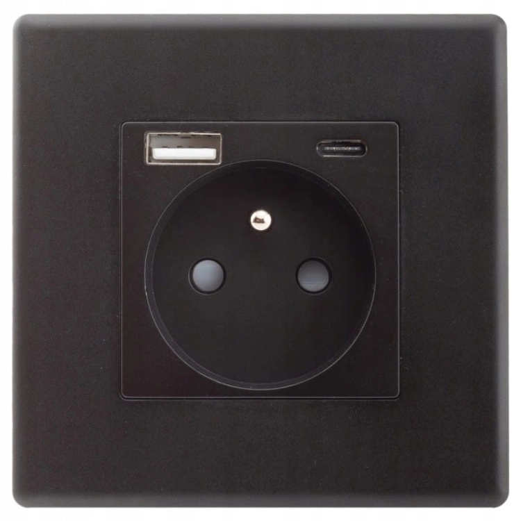 Stopcontact Zwart Met Aardpen + USB A+C 20W Set Met PVC-Afdekraam