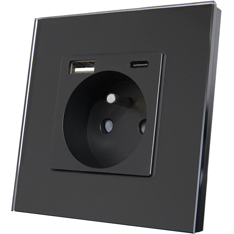Stopcontact Met Aardpen Zwart + Dubbele USB A+C-Lader 20W Set Met Glazen Afdekraam MIUUN