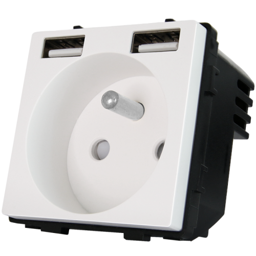 Module Stopcontact Met Aardpen Wit + Dubbel USB-Laadstopcontact A+A 2.4A Voor Afdekramen