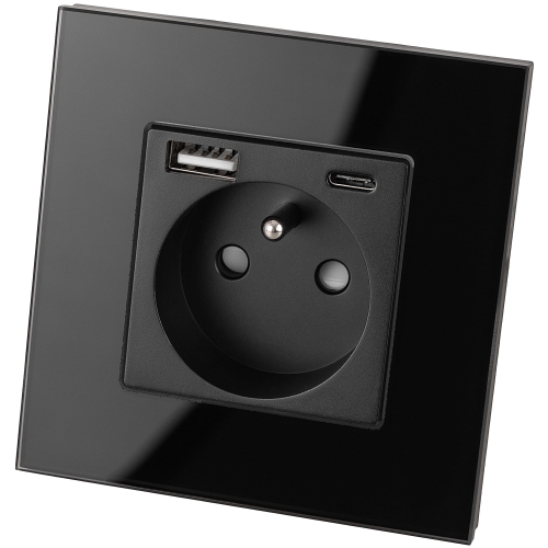 Stopcontact Met Aardpen Zwart + Dubbele USB A+C-Lader 20W Set Met Glazen Afdekraam MIUUN