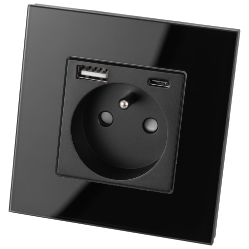 Stopcontact Met Aardpen Zwart + Dubbele USB A+C-Lader 20W Set Met Glazen Afdekraam MIUUN