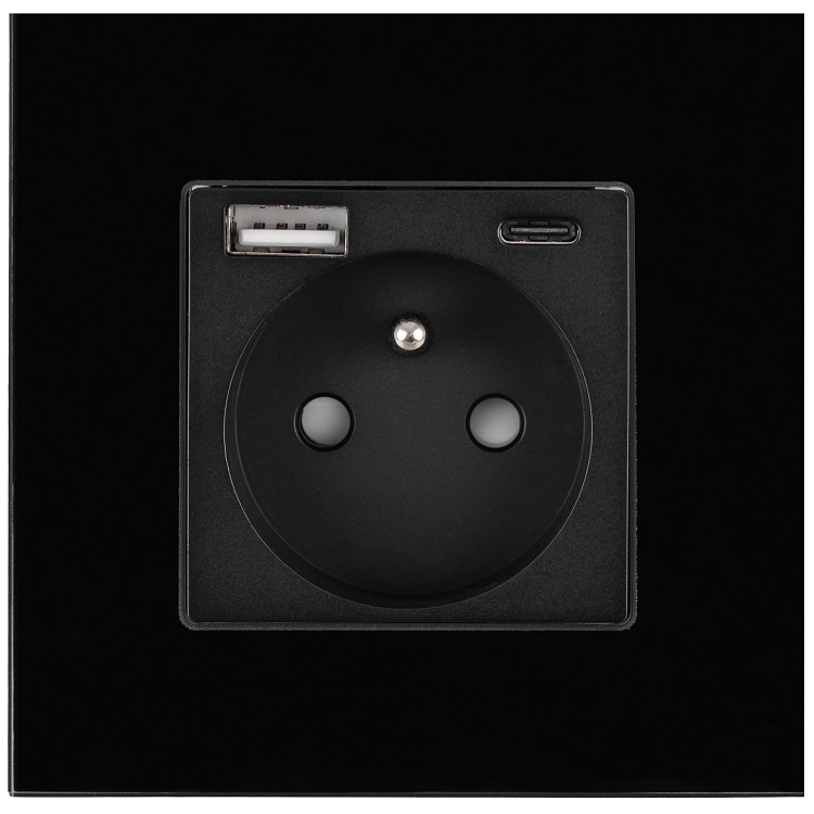 Stopcontact Met Aardpen Zwart + Dubbele USB A+C-Lader 20W Set Met Glazen Afdekraam MIUUN