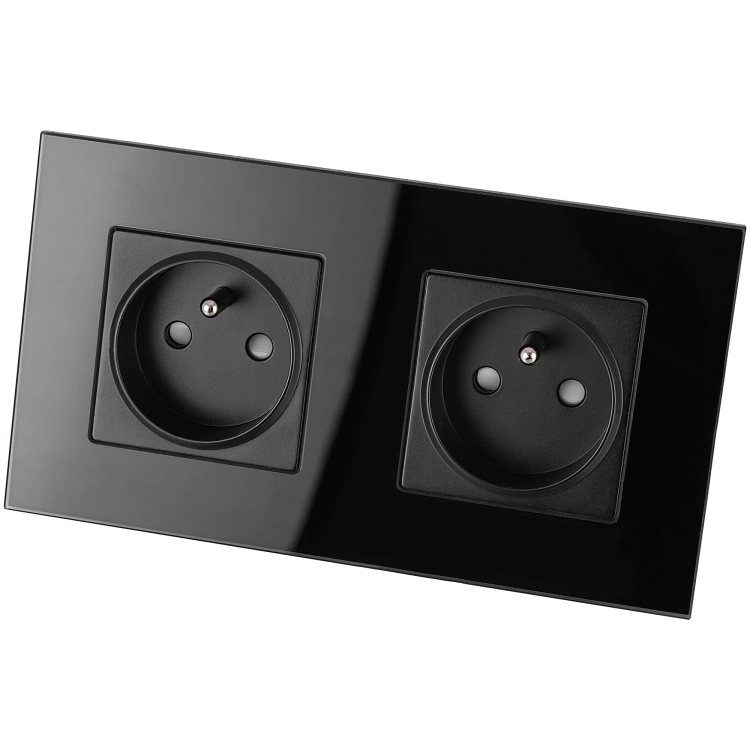 Dubbel Glazen Stopcontact Zwart Set Tweevoudig Afdekraam En 2 X Enkel Stopcontact Met Aardpen