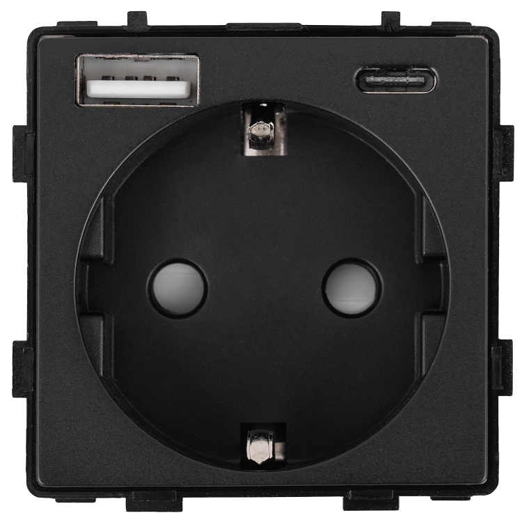 Module Schuko-Stopcontact Met Randaarde Zonder Aardpen Zwart + Dubbele USB-Lader 20W Voor Afdekramen MIUUN