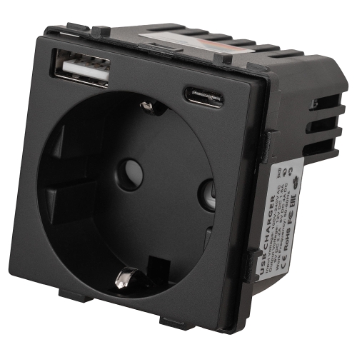 Module Schuko-Stopcontact Met Randaarde Zonder Aardpen Zwart + Dubbele USB-Lader 20W Voor Afdekramen MIUUN