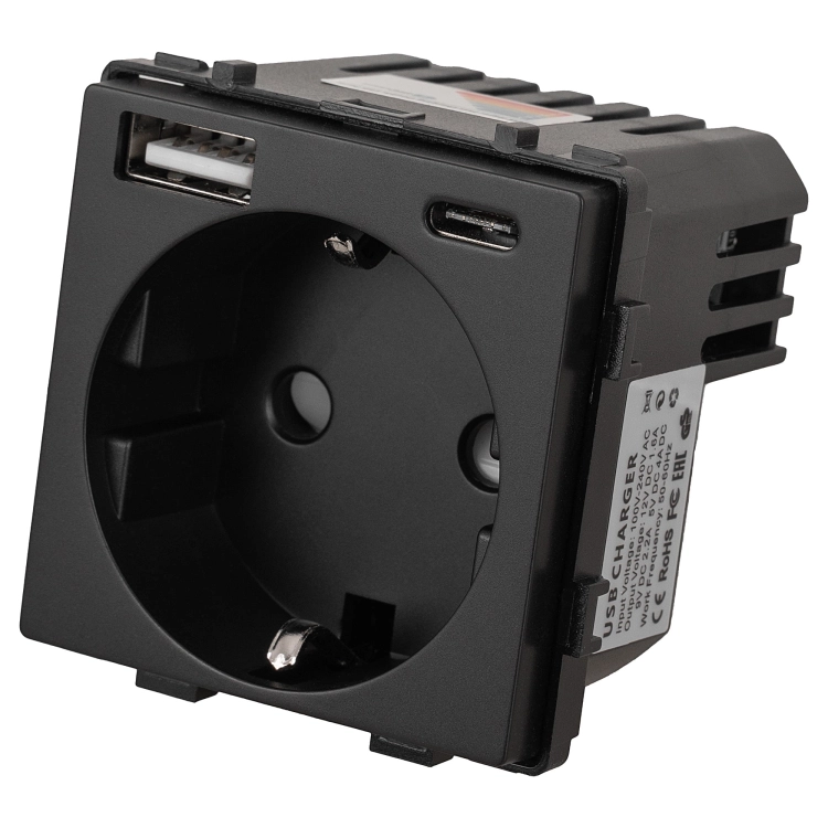 Module Schuko-Stopcontact Met Randaarde Zonder Aardpen Zwart + Dubbele USB-Lader 20W Voor Afdekramen MIUUN
