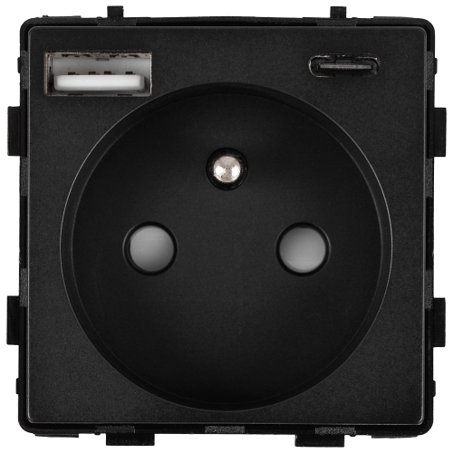 Module Stopcontact Met Aardpen Zwart + Dubbele USB-Lader 20W Voor Afdekramen MIUUN
