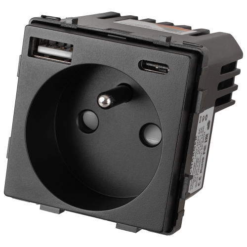 Module Stopcontact Met Aardpen Zwart + Dubbele USB-Lader 20W Voor Afdekramen MIUUN