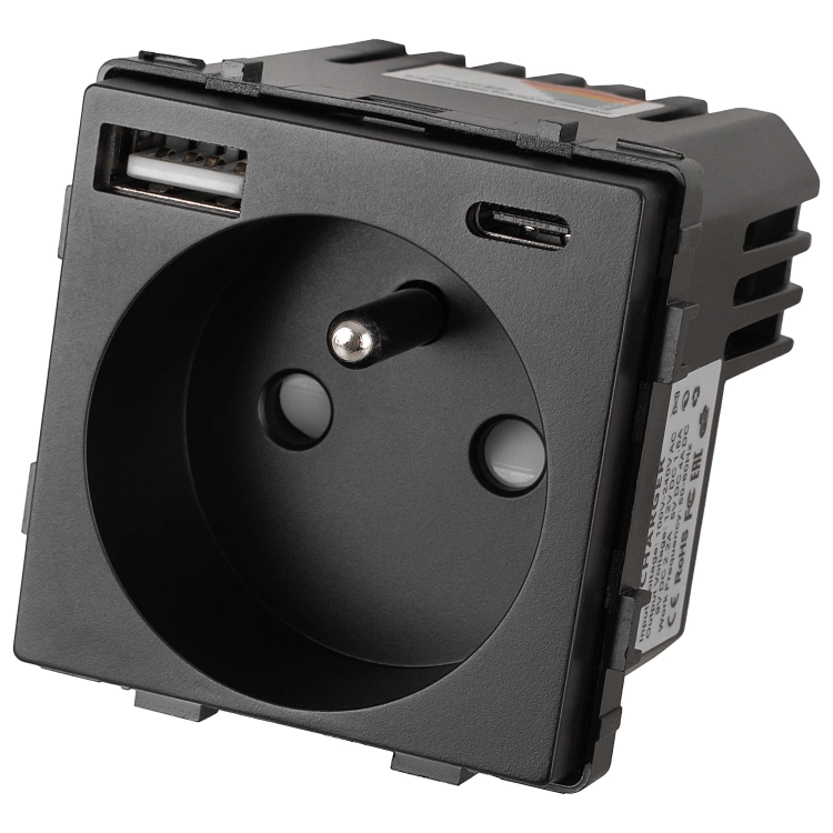 Module Stopcontact Met Aardpen Zwart + Dubbele USB-Lader 20W Voor Afdekramen MIUUN