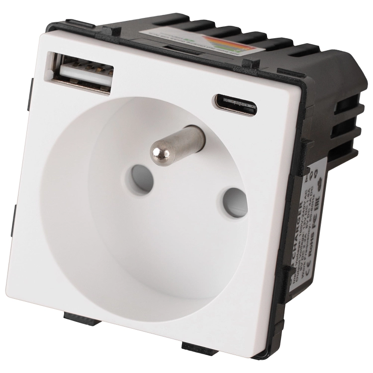 Module Stopcontact Met Aardpen Wit + Dubbele USB A+C-Lader 20W Voor Afdekramen MIUUN