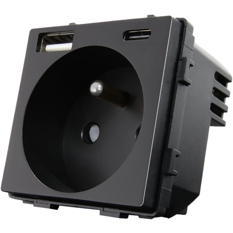 Module Stopcontact Met Aardpen Zwart + Dubbele USB-Lader 20W Voor Afdekramen MIUUN