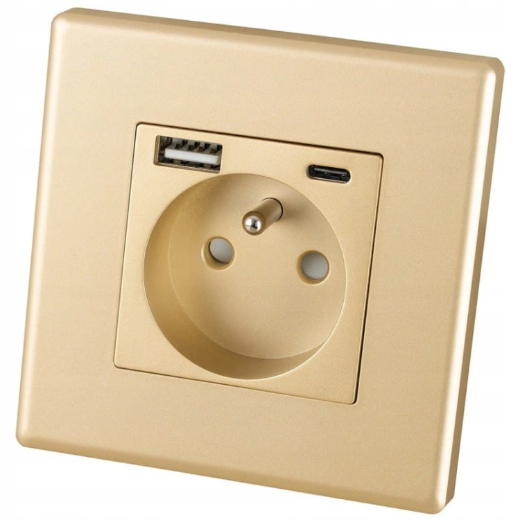 Stopcontact Met Aardpen Goud + USB A+C 20W Set Met PVC-Afdekraam MIUUN