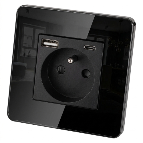 Glazen Hoogglans Stopcontact Met Aardpen + Dubbele USB A+C-Lader 20W MIUUN