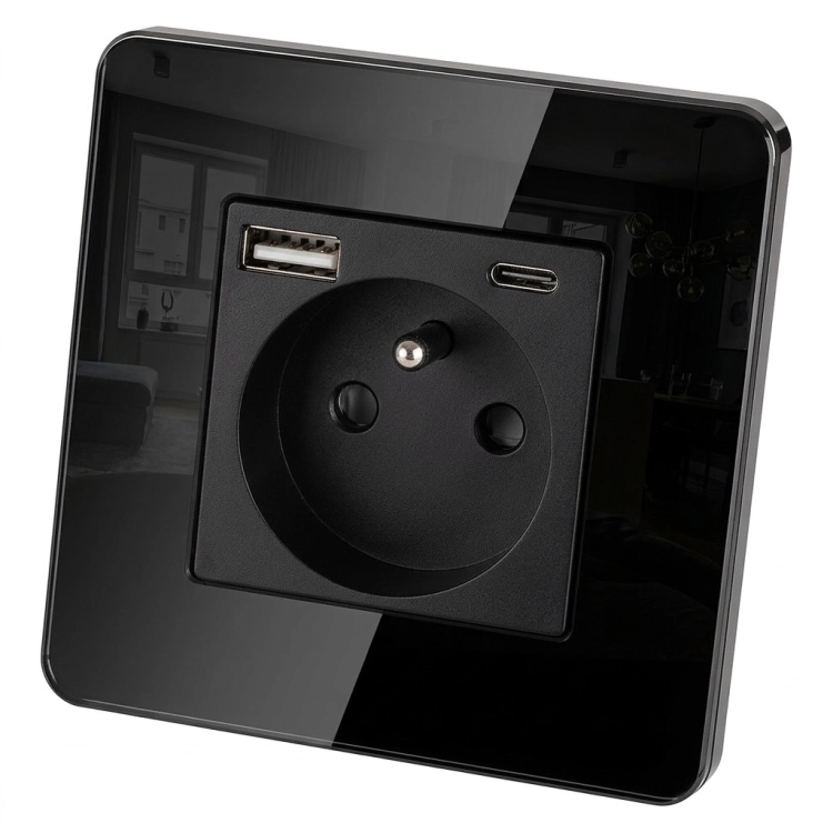 Glazen Hoogglans Stopcontact Met Aardpen + Dubbele USB A+C-Lader 20W MIUUN