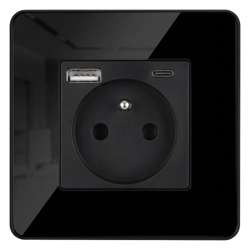 Glazen Hoogglans Stopcontact Met Aardpen + Dubbele USB A+C-Lader 20W MIUUN
