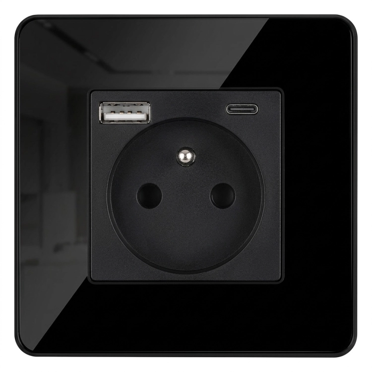Glazen Hoogglans Stopcontact Met Aardpen + Dubbele USB A+C-Lader 20W MIUUN