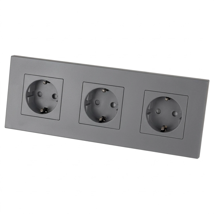 Drievoudig Kunststof Stopcontact LINEA Grijs Schuko Drievoudig Afdekraam En 3 X Stopcontact