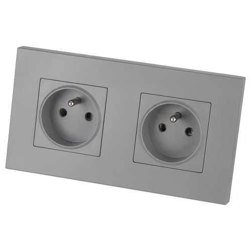 Dubbel Kunststof Stopcontact LINEA Grijs En Tweevoudig Afdekraam 2 X Stopcontact MIUUN