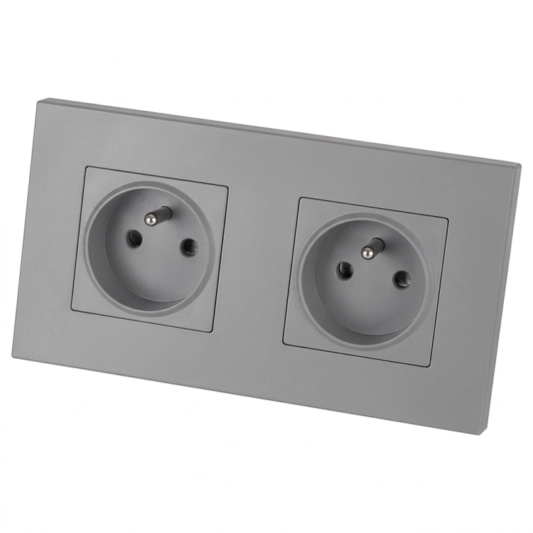 Dubbel Kunststof Stopcontact LINEA Grijs En Tweevoudig Afdekraam 2 X Stopcontact MIUUN