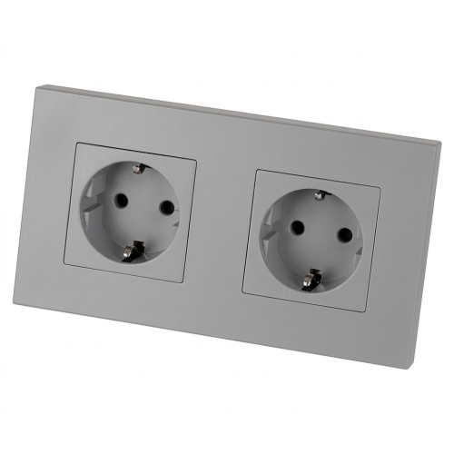 Dubbel Kunststof Schuko-Stopcontact LINEA Grijs En Tweevoudig Afdekraam 2 X Stopcontact