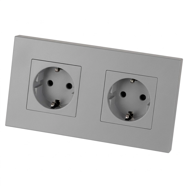 Dubbel Kunststof Schuko-Stopcontact LINEA Grijs En Tweevoudig Afdekraam 2 X Stopcontact