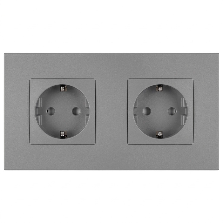 Dubbel Kunststof Schuko-Stopcontact LINEA Grijs En Tweevoudig Afdekraam 2 X Stopcontact