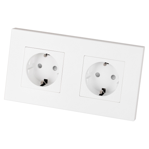 Dubbel Schuko-Stopcontact Kunststof LINEA Wit En Tweevoudig Afdekraam 2 X Stopcontact