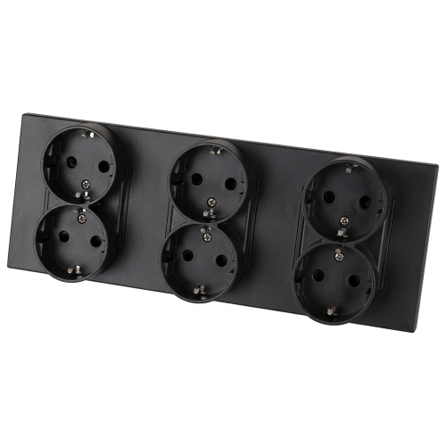 Schuko-Stopcontact Drievoudig Kunststof LINEA Zwart Drievoudig Afdekraam En 3 X Dubbel Stopcontact