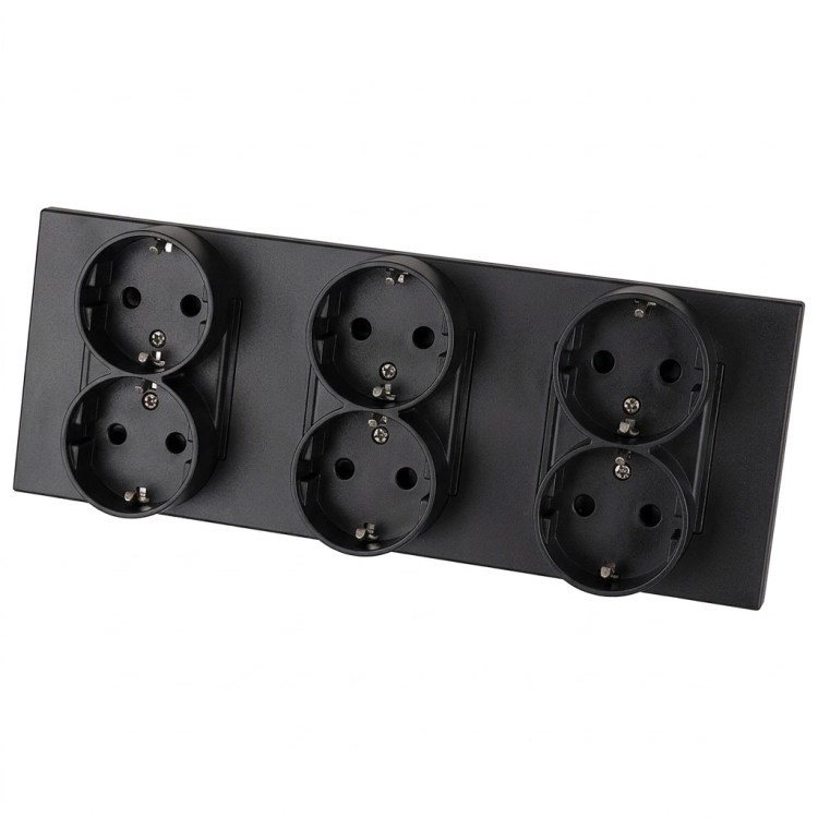 Schuko-Stopcontact Drievoudig Kunststof LINEA Zwart Drievoudig Afdekraam En 3 X Dubbel Stopcontact