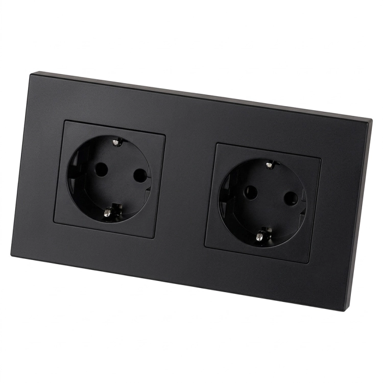 Schuko-Stopcontact Dubbel Kunststof LINEA Zwart Tweevoudig Afdekraam 2 X Enkel Stopcontact