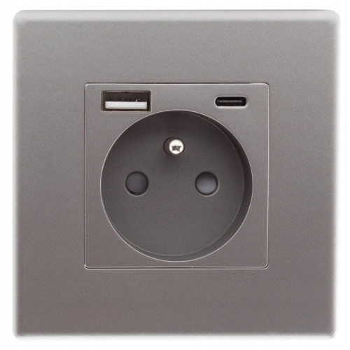 Stopcontact Grijs Met Aardpen + USB A+C 20W Set Met Afdekraam PVC MIUUN