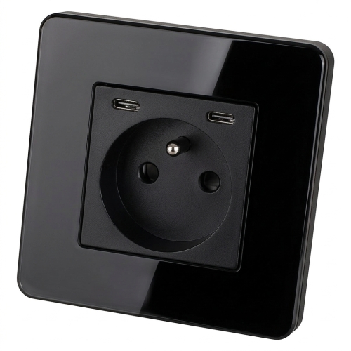Stopcontact Glas Hoogglans + Dubbele USB-Lader USB C+C 20W Zwart MIUUN