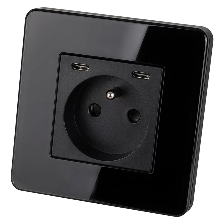 Stopcontact Glas Hoogglans + Dubbele USB-Lader USB C+C 20W Zwart MIUUN