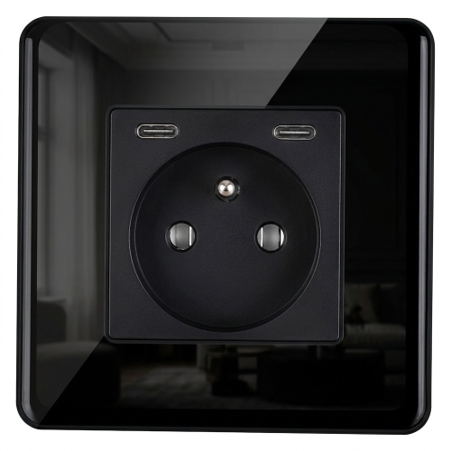 Stopcontact Glas Hoogglans + Dubbele USB-Lader USB C+C 20W Zwart MIUUN