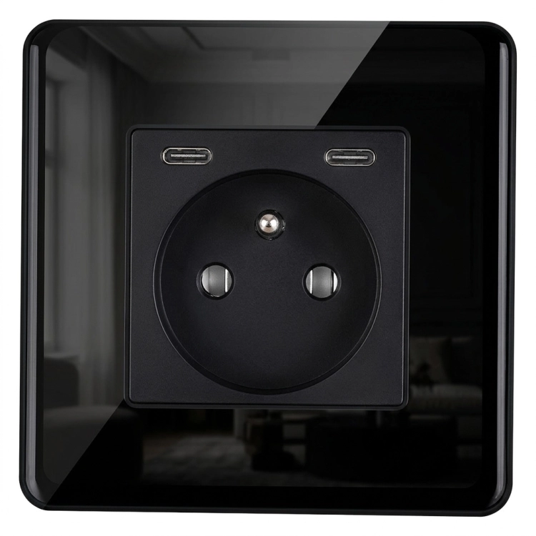 Stopcontact Glas Hoogglans + Dubbele USB-Lader USB C+C 20W Zwart MIUUN