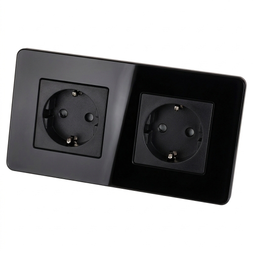 Dubbel Stopcontact Glas Hoogglans Schuko Zwart En Tweevoudig Afdekraam 2 X Stopcontact