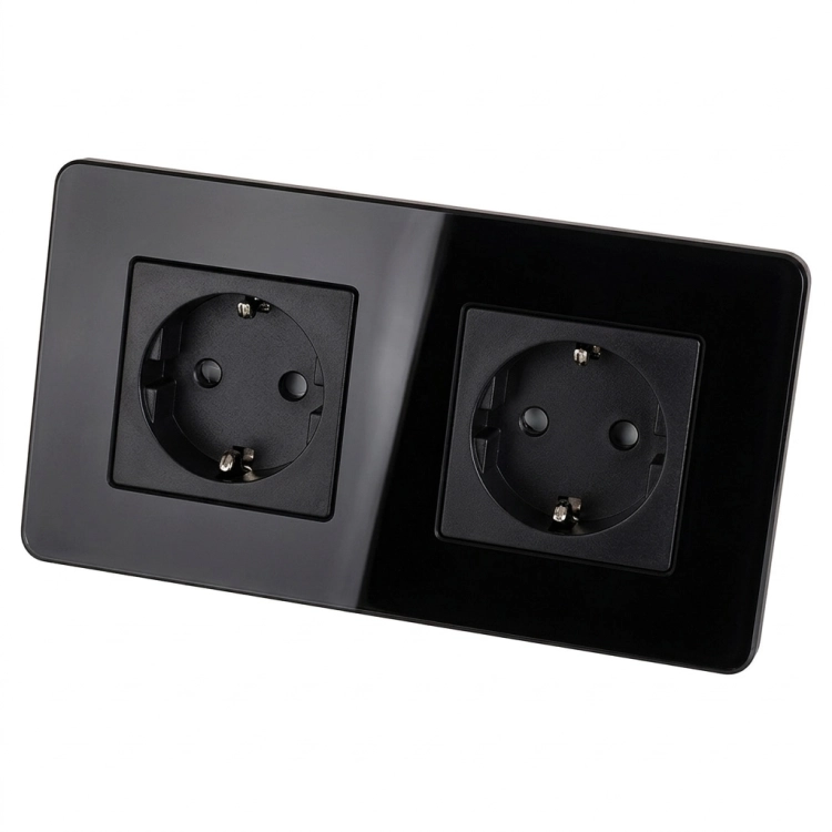 Dubbel Stopcontact Glas Hoogglans Schuko Zwart En Tweevoudig Afdekraam 2 X Stopcontact