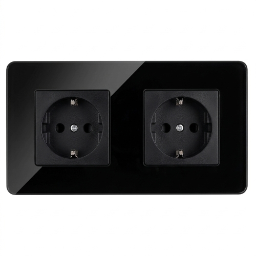 Dubbel Stopcontact Glas Hoogglans Schuko Zwart En Tweevoudig Afdekraam 2 X Stopcontact