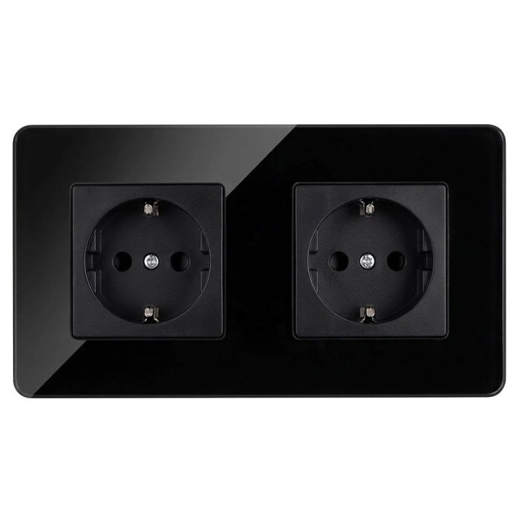 Dubbel Stopcontact Glas Hoogglans Schuko Zwart En Tweevoudig Afdekraam 2 X Stopcontact