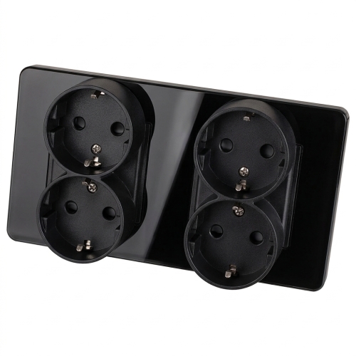 Viervoudig Stopcontact Glas Hoogglans Schuko Zwart En Tweevoudig Afdekraam 2 X Stopcontact