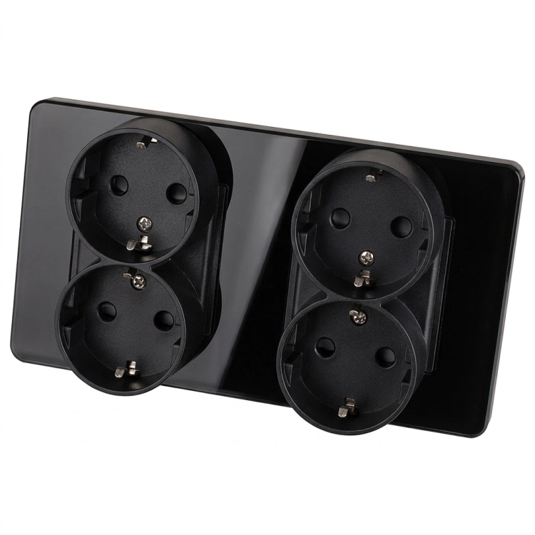 Viervoudig Stopcontact Glas Hoogglans Schuko Zwart En Tweevoudig Afdekraam 2 X Stopcontact
