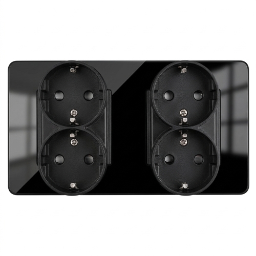 Viervoudig Stopcontact Glas Hoogglans Schuko Zwart En Tweevoudig Afdekraam 2 X Stopcontact