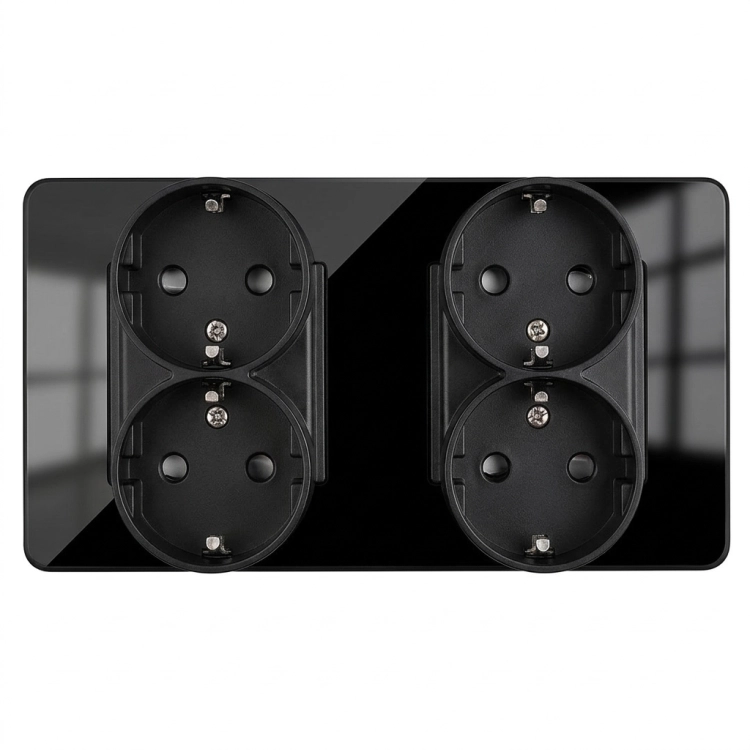 Viervoudig Stopcontact Glas Hoogglans Schuko Zwart En Tweevoudig Afdekraam 2 X Stopcontact