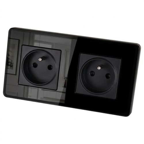 Dubbel Stopcontact Glas Hoogglans Zwart En Tweevoudig Afdekraam 2 X Stopcontact MIUUN