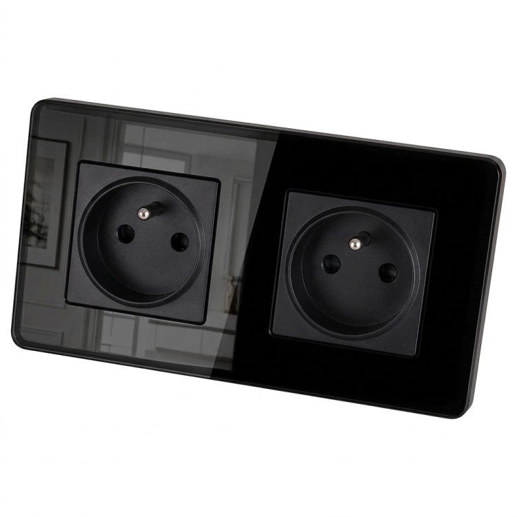Dubbel Stopcontact Glas Hoogglans Zwart En Tweevoudig Afdekraam 2 X Stopcontact MIUUN