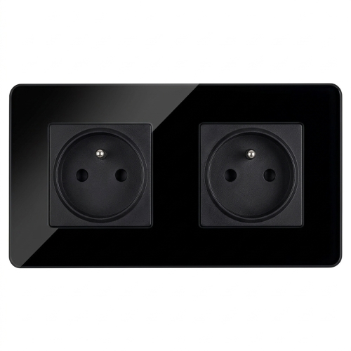 Dubbel Stopcontact Glas Hoogglans Zwart En Tweevoudig Afdekraam 2 X Stopcontact MIUUN