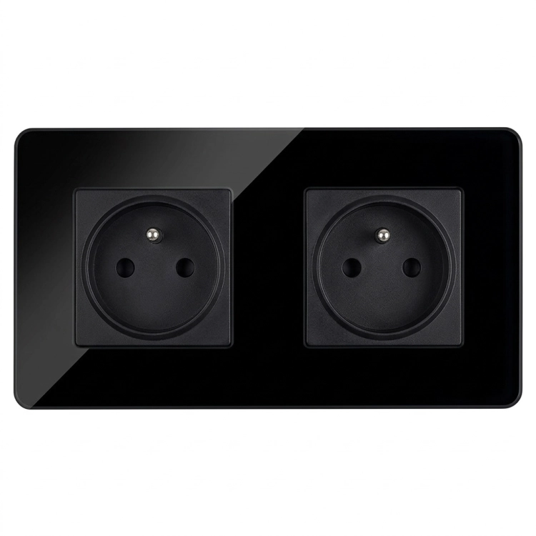Dubbel Stopcontact Glas Hoogglans Zwart En Tweevoudig Afdekraam 2 X Stopcontact MIUUN